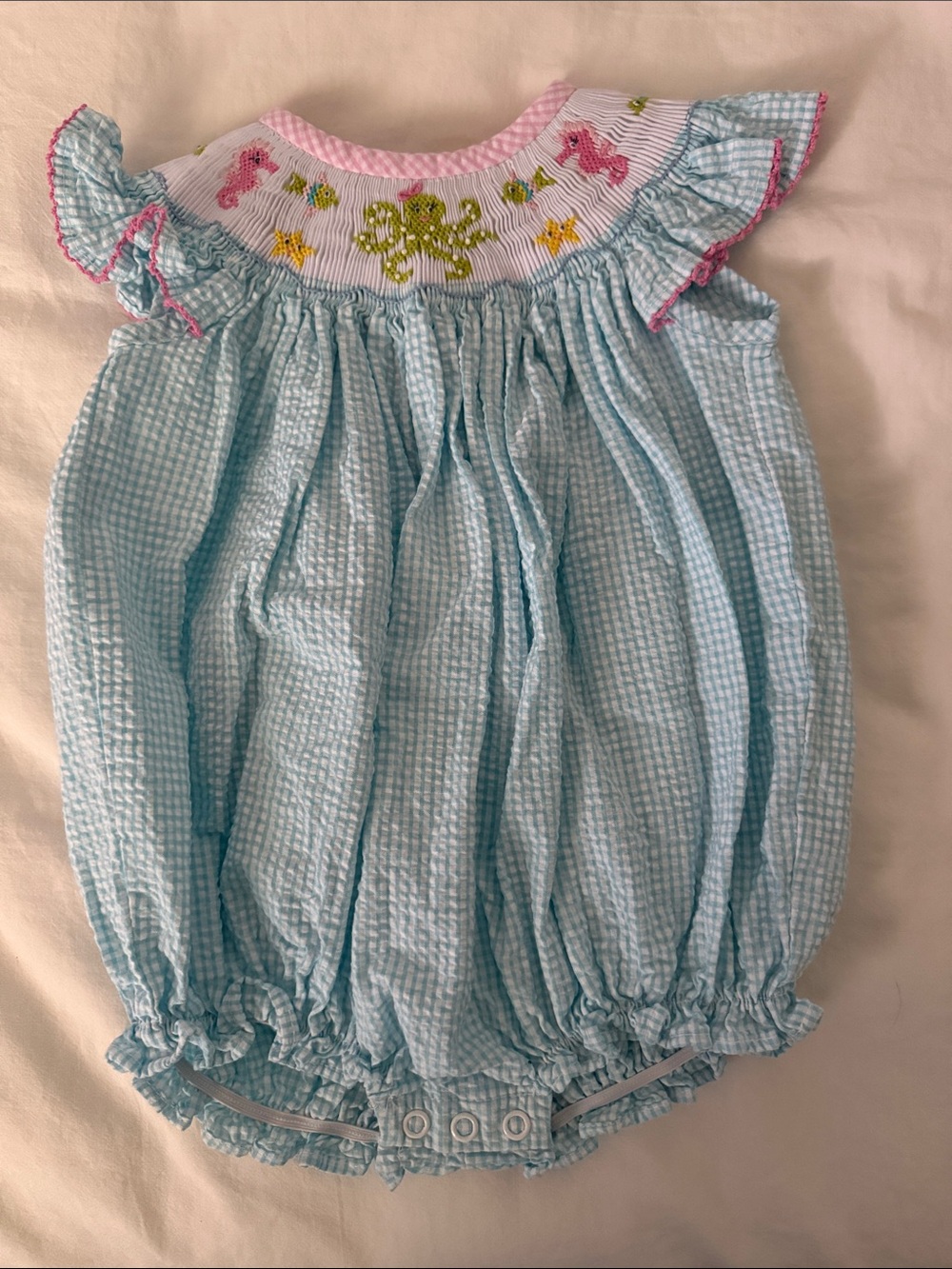 Zucchini Kids - Light Blue Smocked Bubble Romper with Sea Creature Accents